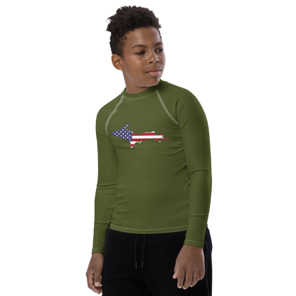 Michigan Upper Peninsula Rash Guard (w/ UP USA Flag) | Youth - Army Green