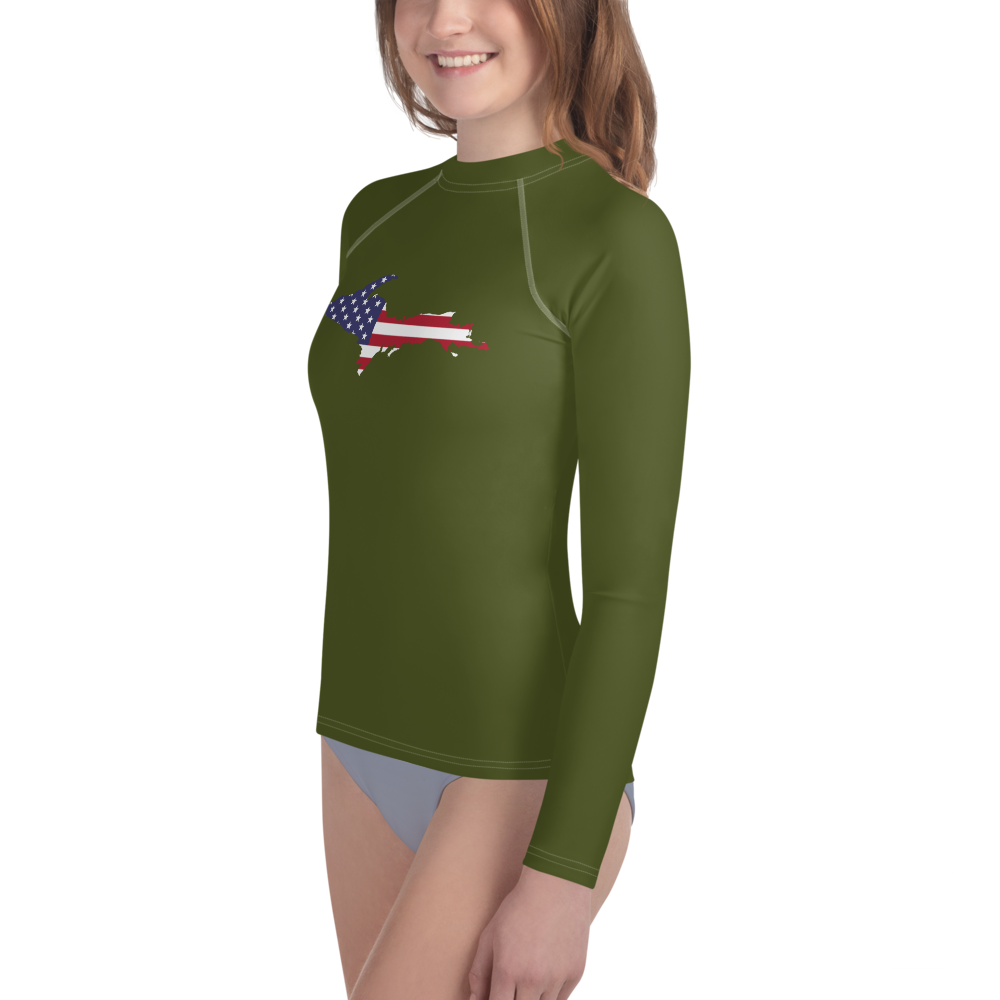 Michigan Upper Peninsula Rash Guard (w/ UP USA Flag) | Youth - Army Green