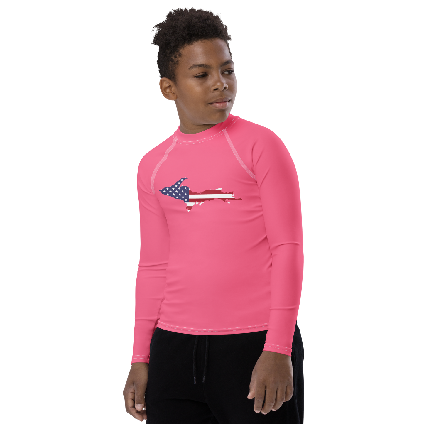 Michigan Upper Peninsula Rash Guard (w/ UP USA Flag) | Youth - Rhodochrosite Pink