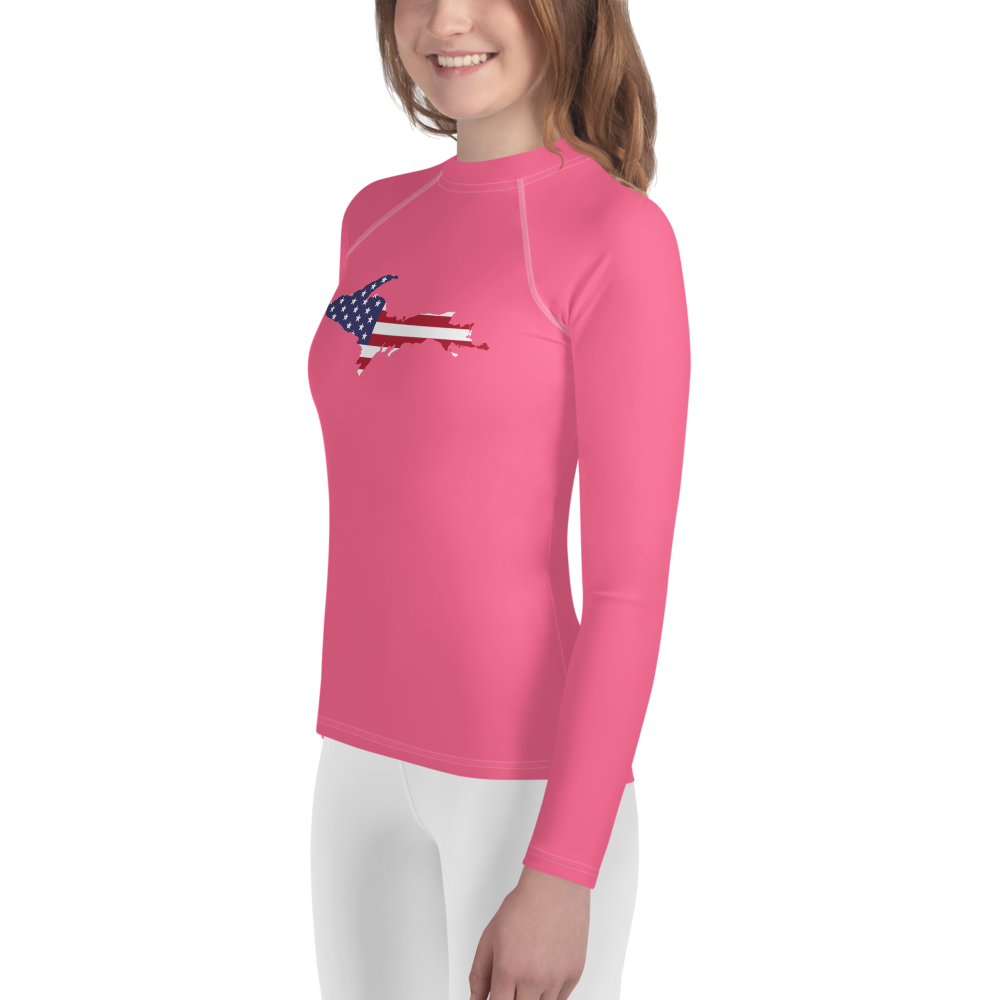 Michigan Upper Peninsula Rash Guard (w/ UP USA Flag) | Youth - Rhodochrosite Pink