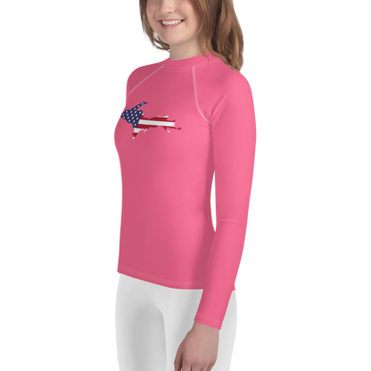 Michigan Upper Peninsula Rash Guard (w/ UP USA Flag) | Youth - Rhodochrosite Pink