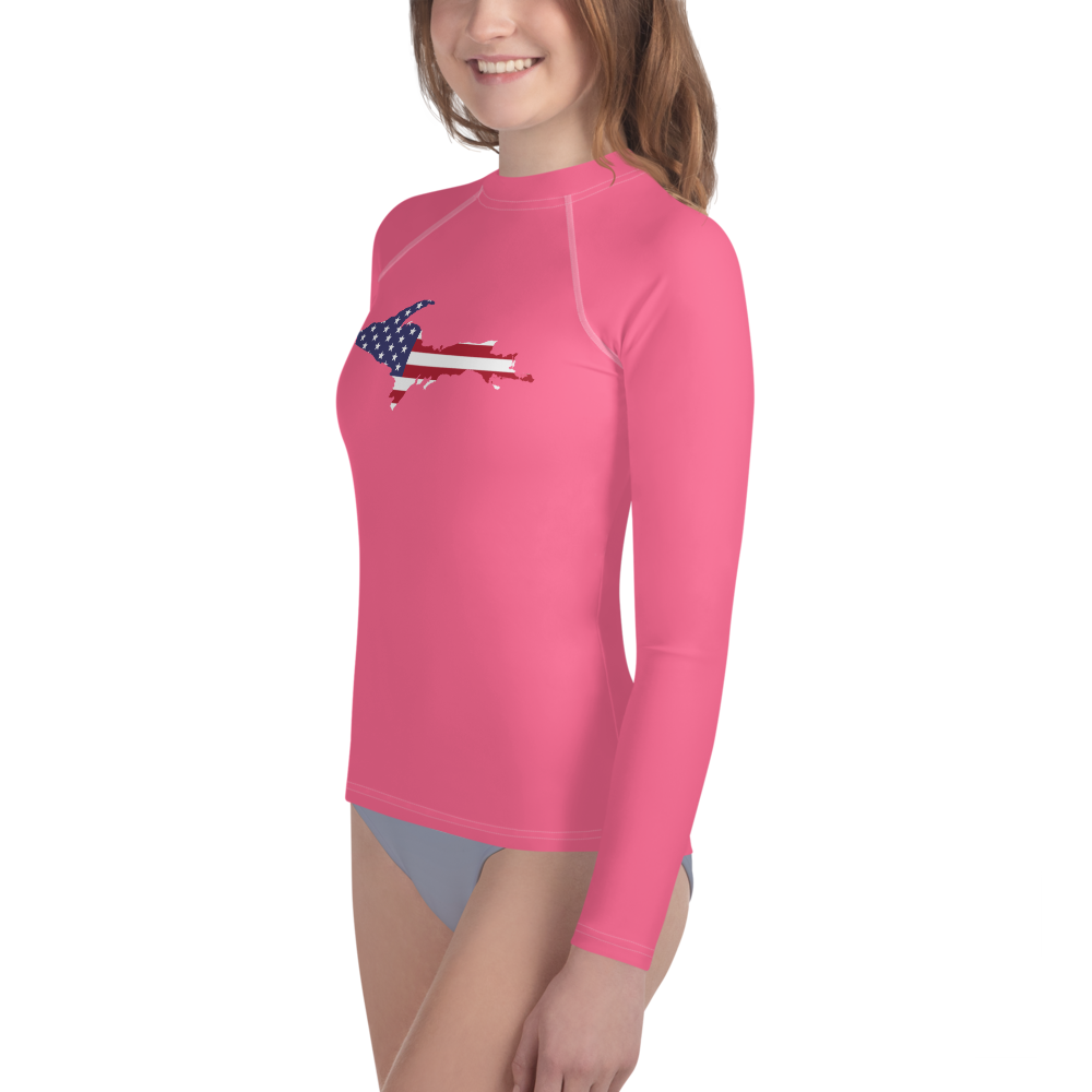 Michigan Upper Peninsula Rash Guard (w/ UP USA Flag) | Youth - Rhodochrosite Pink