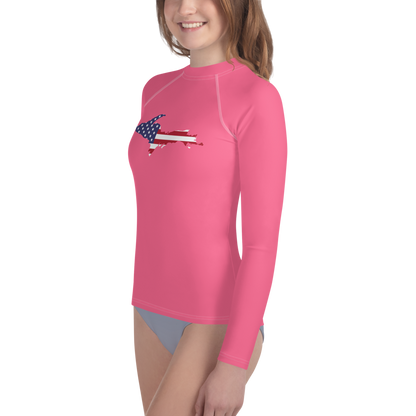 Michigan Upper Peninsula Rash Guard (w/ UP USA Flag) | Youth - Rhodochrosite Pink