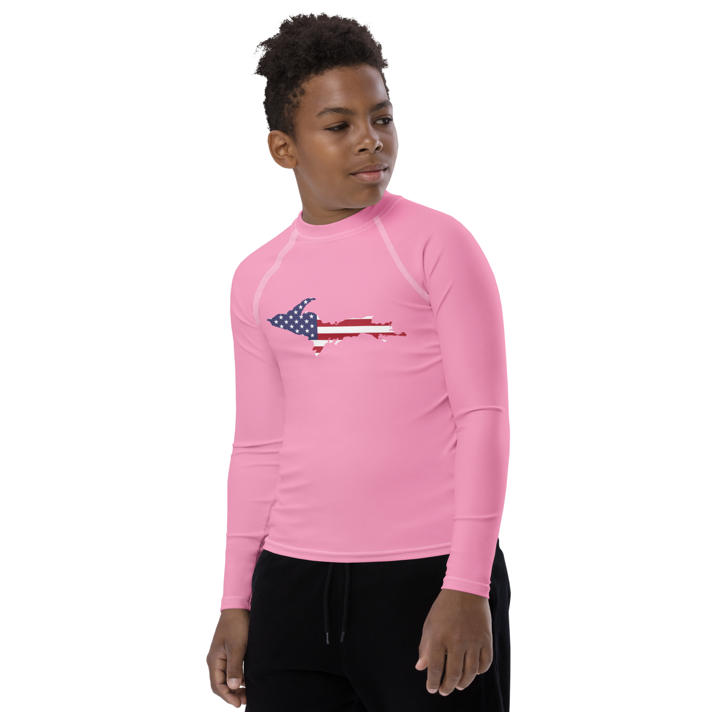 Michigan Upper Peninsula Rash Guard (w/ UP USA Flag) | Youth - Rhodochrosite Pink