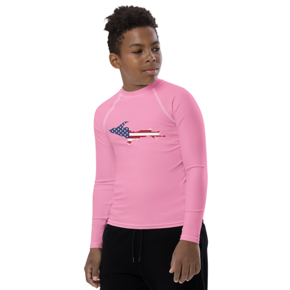 Michigan Upper Peninsula Rash Guard (w/ UP USA Flag) | Youth - Rhodochrosite Pink