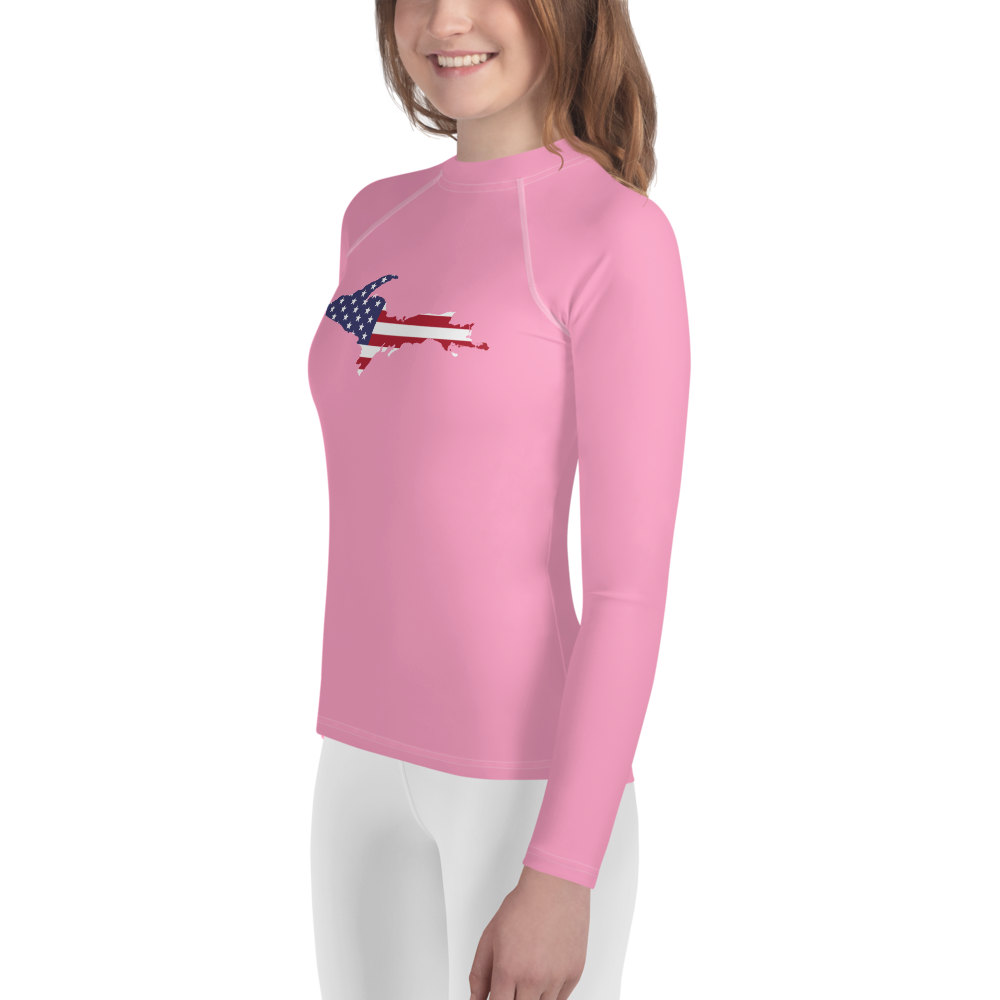 Michigan Upper Peninsula Rash Guard (w/ UP USA Flag) | Youth - Rhodochrosite Pink