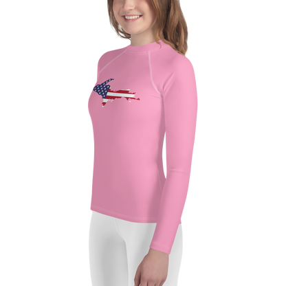 Michigan Upper Peninsula Rash Guard (w/ UP USA Flag) | Youth - Rhodochrosite Pink