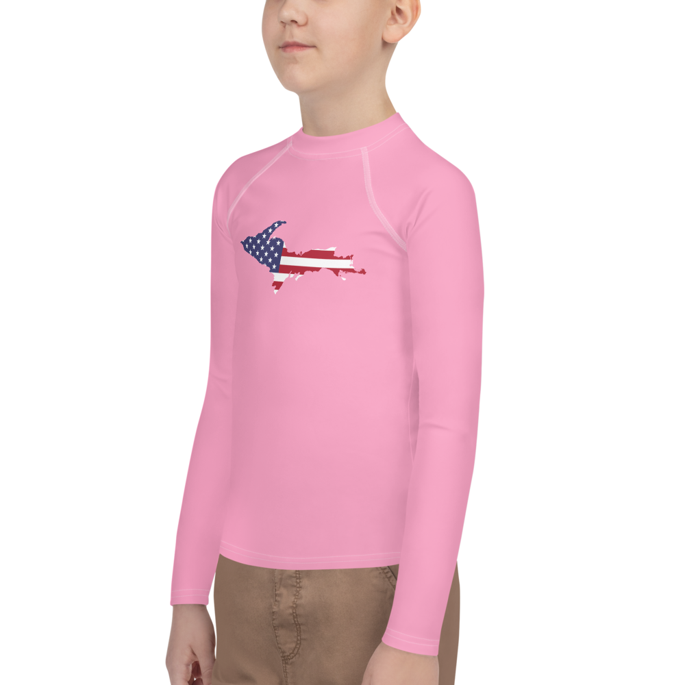 Michigan Upper Peninsula Rash Guard (w/ UP USA Flag) | Youth - Rhodochrosite Pink