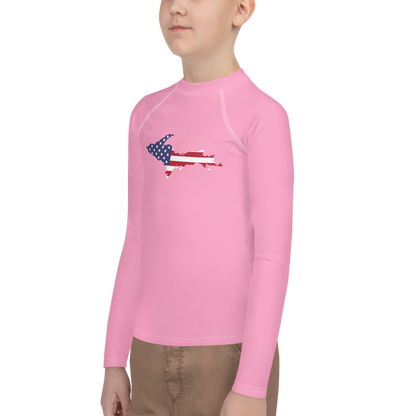 Michigan Upper Peninsula Rash Guard (w/ UP USA Flag) | Youth - Rhodochrosite Pink