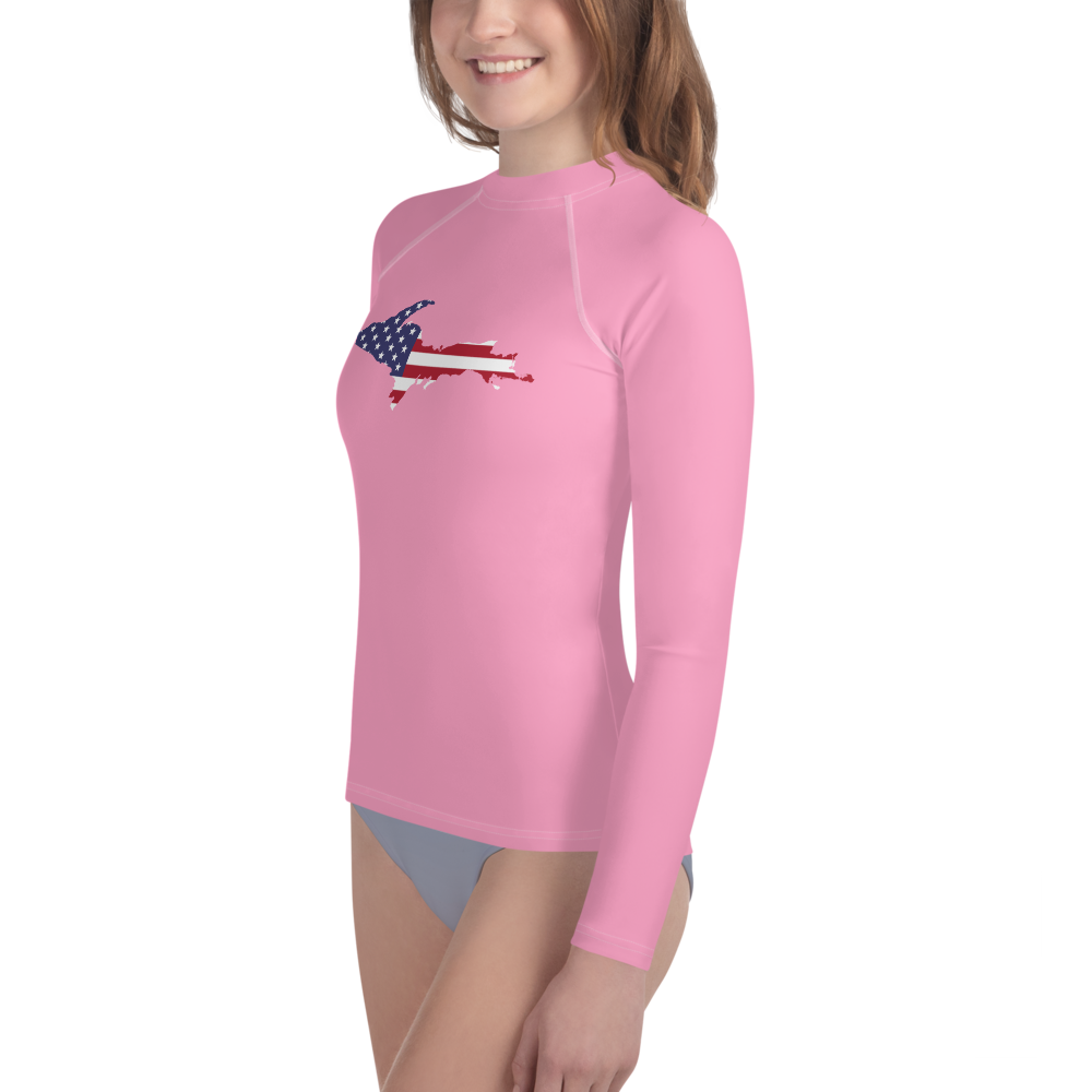 Michigan Upper Peninsula Rash Guard (w/ UP USA Flag) | Youth - Rhodochrosite Pink