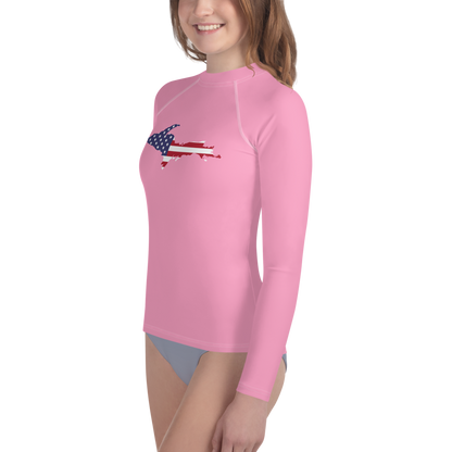 Michigan Upper Peninsula Rash Guard (w/ UP USA Flag) | Youth - Rhodochrosite Pink