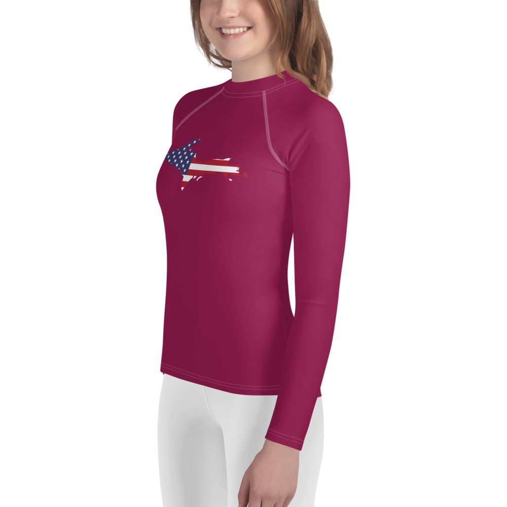 Michigan Upper Peninsula Rash Guard (w/ UP USA Flag) | Youth - Ruby Red