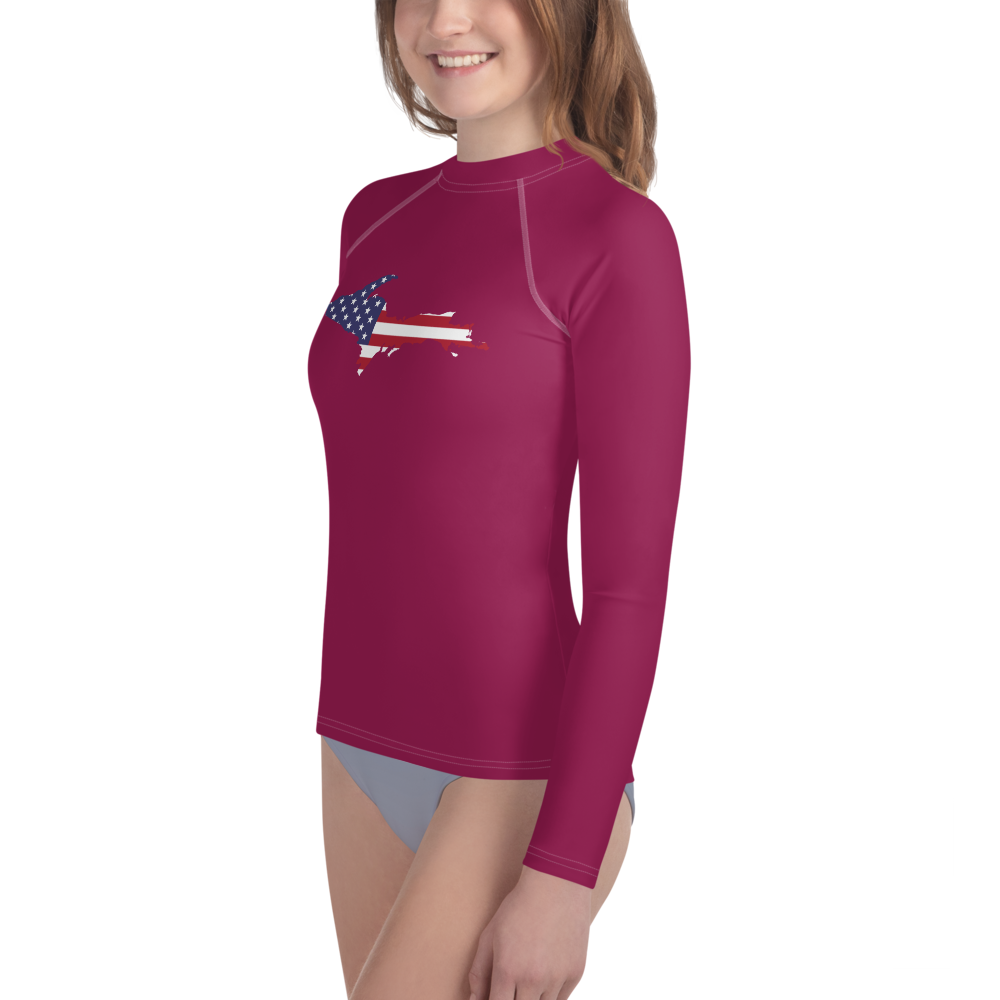 Michigan Upper Peninsula Rash Guard (w/ UP USA Flag) | Youth - Ruby Red