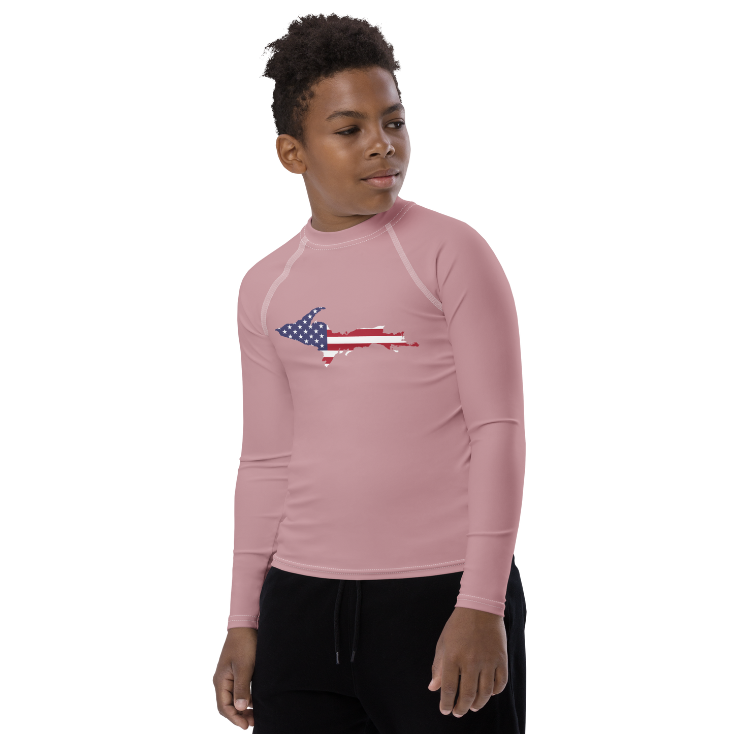 Michigan Upper Peninsula Rash Guard (w/ UP USA Flag) | Youth - Cherry Blossom Pink