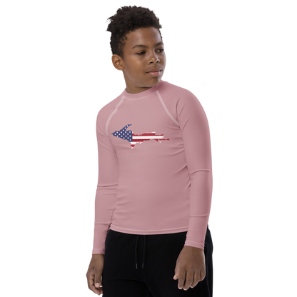 Michigan Upper Peninsula Rash Guard (w/ UP USA Flag) | Youth - Cherry Blossom Pink