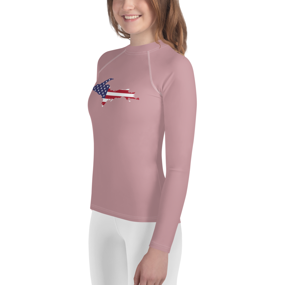 Michigan Upper Peninsula Rash Guard (w/ UP USA Flag) | Youth - Cherry Blossom Pink