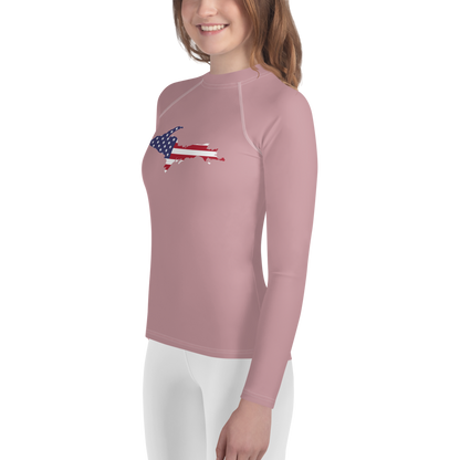 Michigan Upper Peninsula Rash Guard (w/ UP USA Flag) | Youth - Cherry Blossom Pink