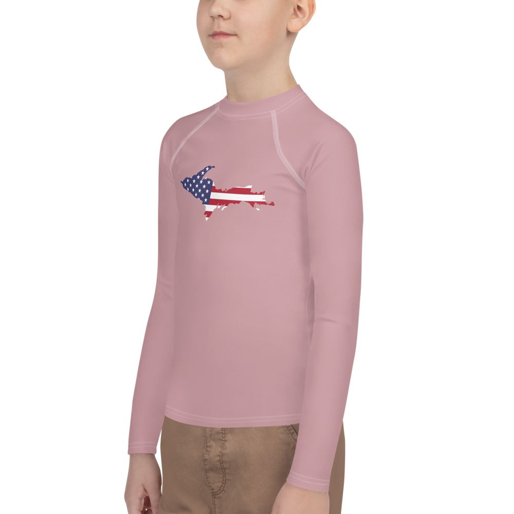 Michigan Upper Peninsula Rash Guard (w/ UP USA Flag) | Youth - Cherry Blossom Pink