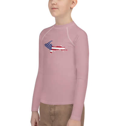 Michigan Upper Peninsula Rash Guard (w/ UP USA Flag) | Youth - Cherry Blossom Pink