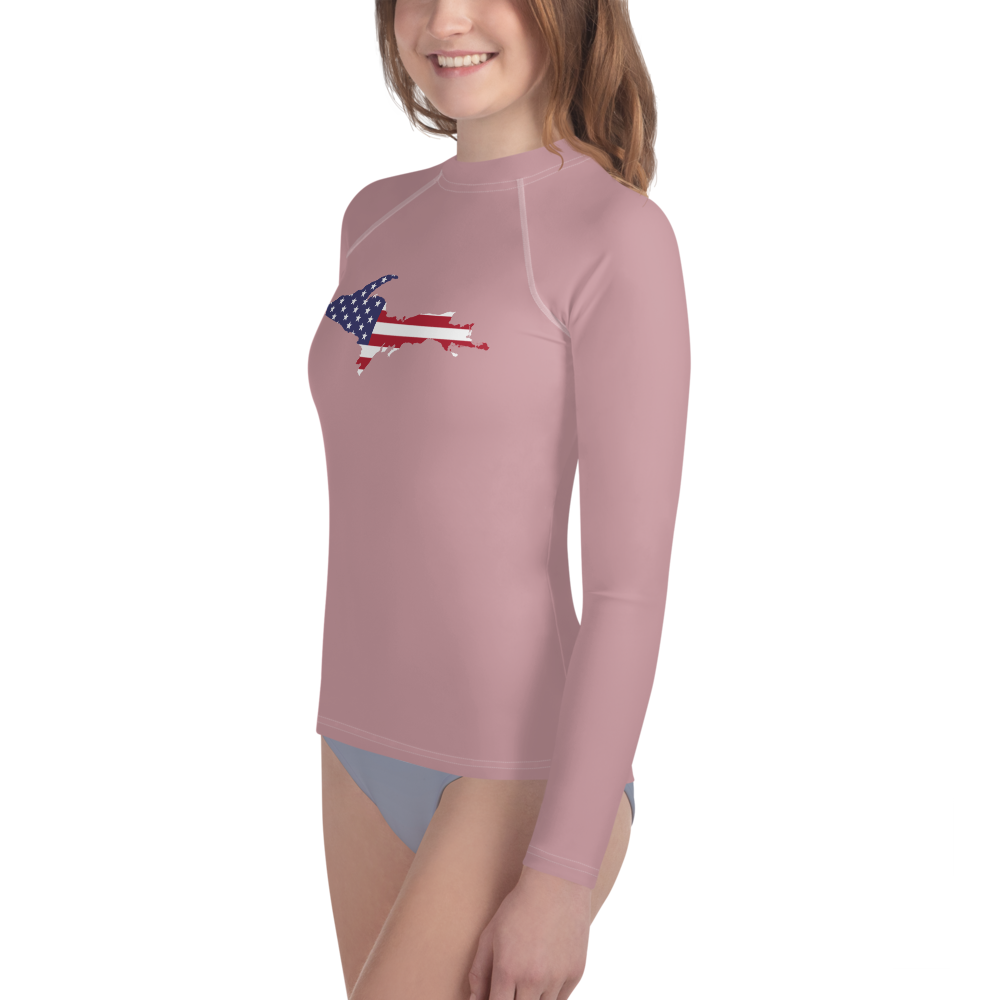 Michigan Upper Peninsula Rash Guard (w/ UP USA Flag) | Youth - Cherry Blossom Pink