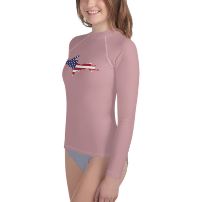 Michigan Upper Peninsula Rash Guard (w/ UP USA Flag) | Youth - Cherry Blossom Pink