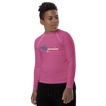 Michigan Upper Peninsula Rash Guard (w/ UP USA Flag) | Youth - Apple Blossom Pink