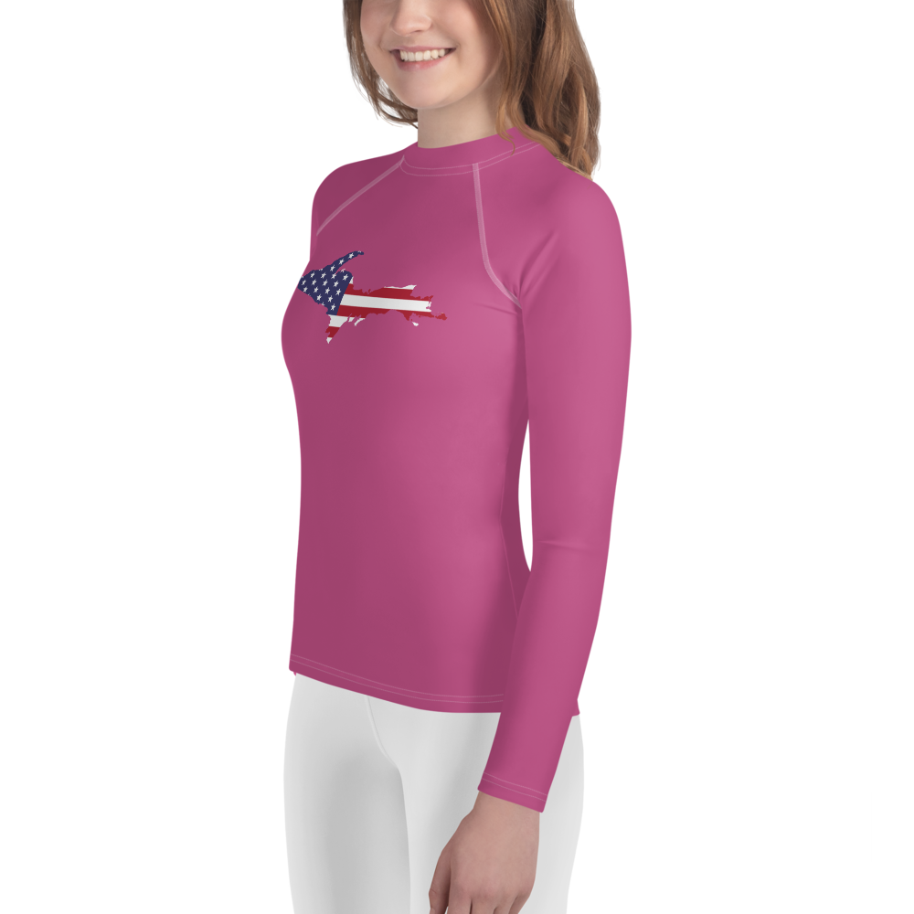 Michigan Upper Peninsula Rash Guard (w/ UP USA Flag) | Youth - Apple Blossom Pink