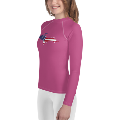 Michigan Upper Peninsula Rash Guard (w/ UP USA Flag) | Youth - Apple Blossom Pink