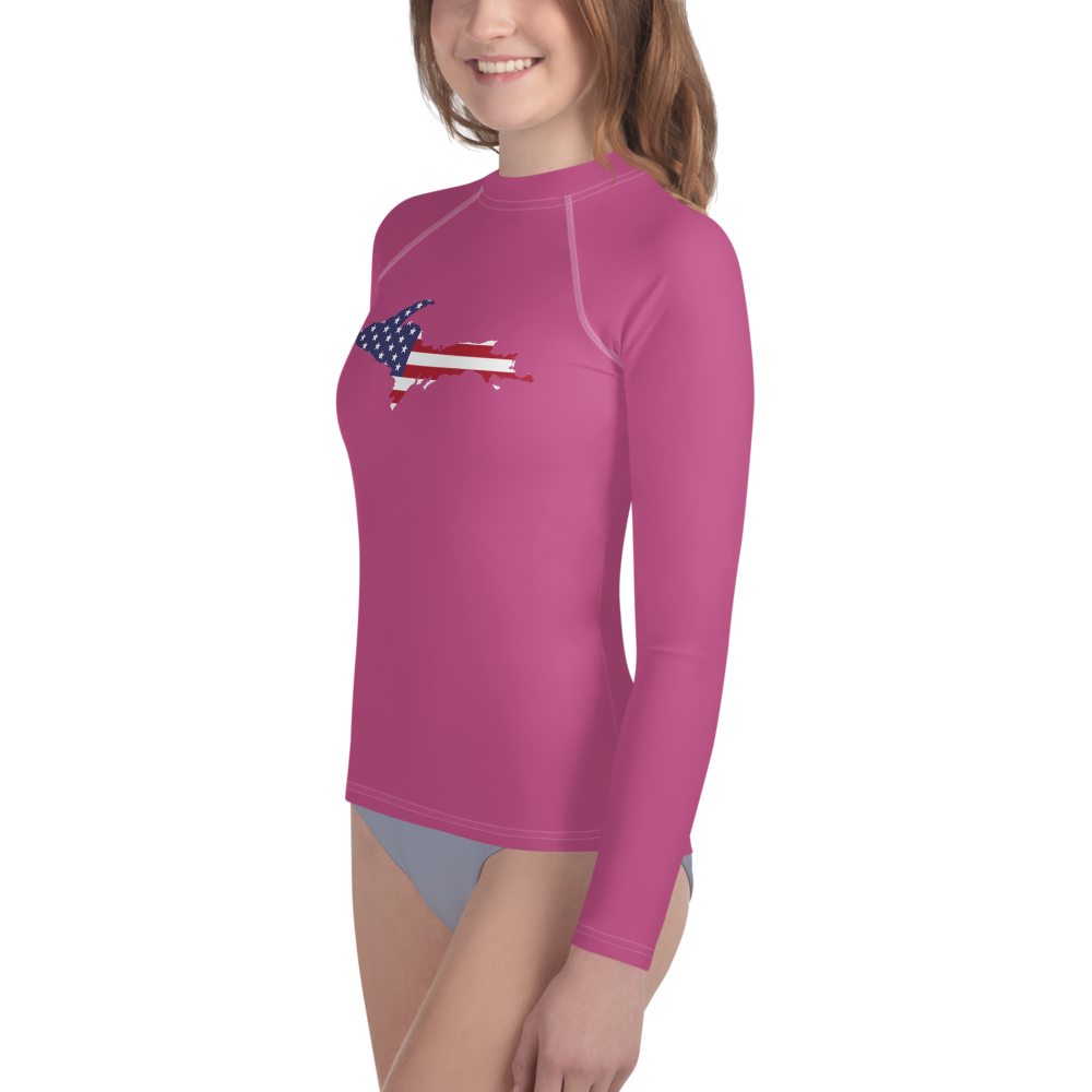 Michigan Upper Peninsula Rash Guard (w/ UP USA Flag) | Youth - Apple Blossom Pink