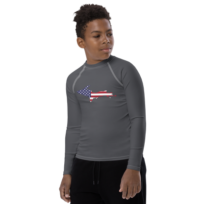 Michigan Upper Peninsula Rash Guard (w/ UP USA Flag) | Youth - Iron Ore Grey