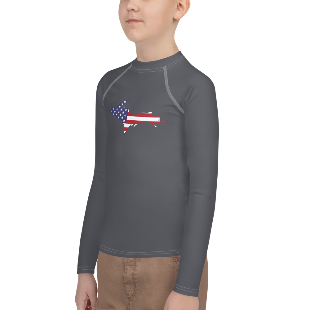 Michigan Upper Peninsula Rash Guard (w/ UP USA Flag) | Youth - Iron Ore Grey