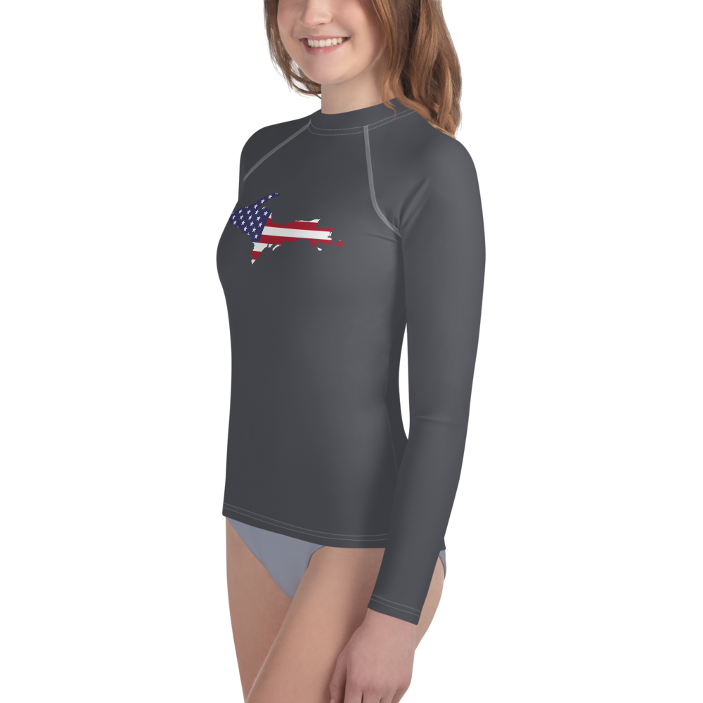 Michigan Upper Peninsula Rash Guard (w/ UP USA Flag) | Youth - Iron Ore Grey