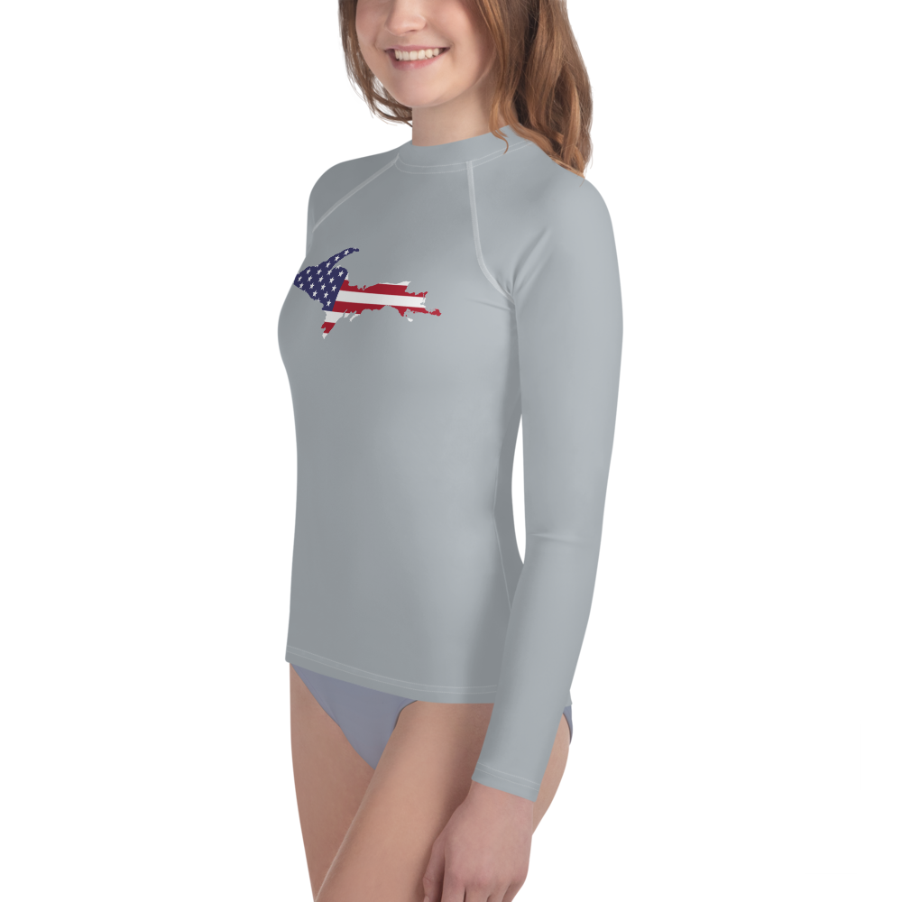 Michigan Upper Peninsula Rash Guard (w/ UP USA Flag) | Youth - Silver