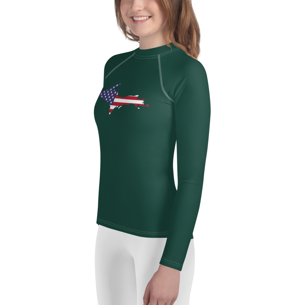 Michigan Upper Peninsula Rash Guard (w/ UP USA Flag) | Youth - Laconic Green