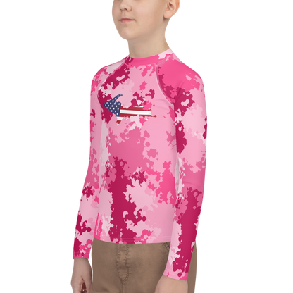 Michigan Upper Peninsula Rash Guard (w/ UP USA Flag) | Youth - Pink Camo