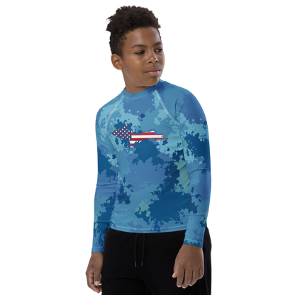 Michigan Upper Peninsula Rash Guard (w/ UP USA Flag) | Youth - Great Lakes Camo