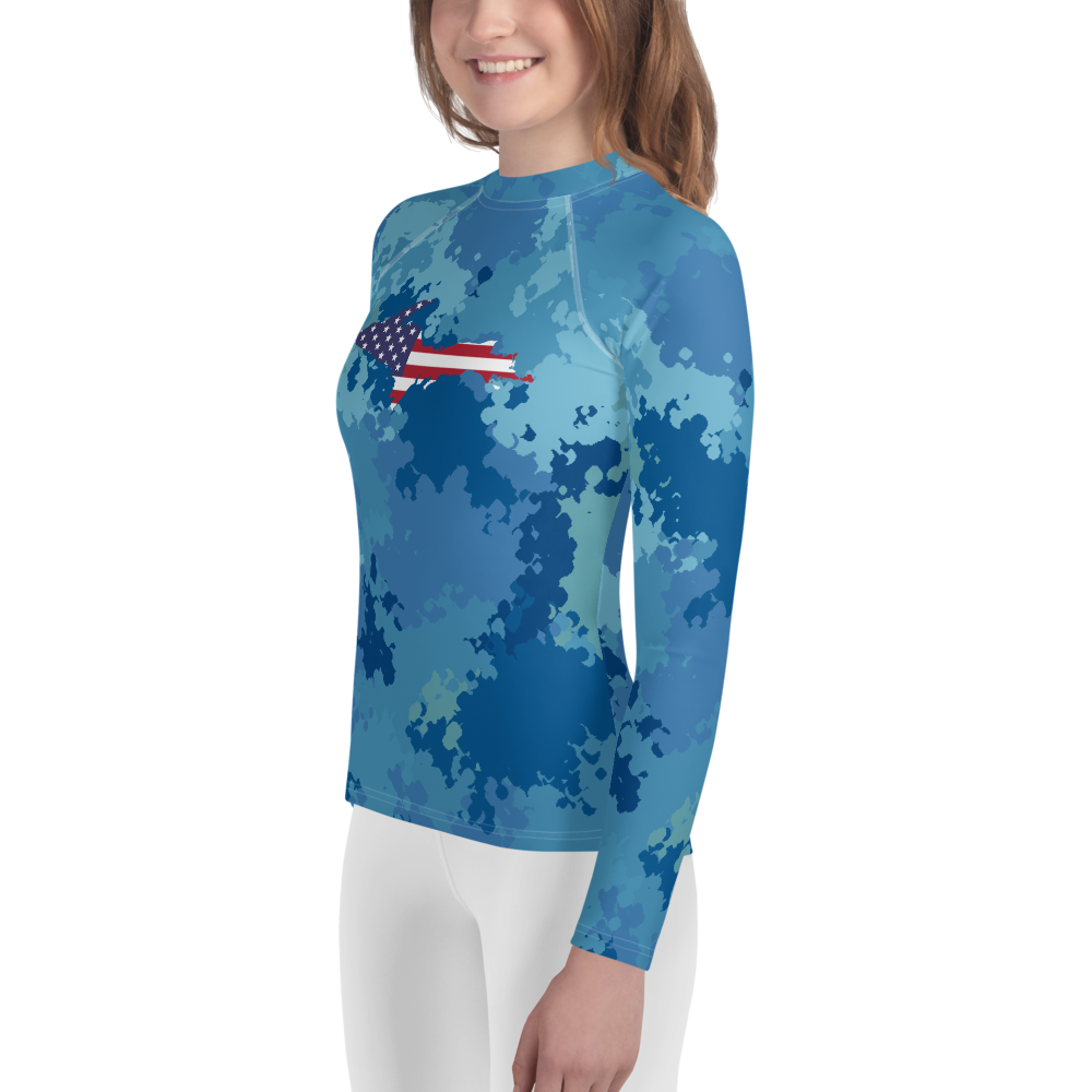 Michigan Upper Peninsula Rash Guard (w/ UP USA Flag) | Youth - Great Lakes Camo