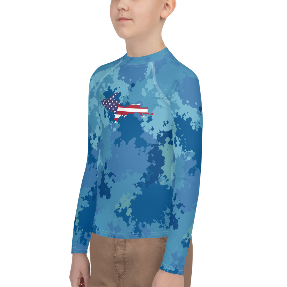 Michigan Upper Peninsula Rash Guard (w/ UP USA Flag) | Youth - Great Lakes Camo