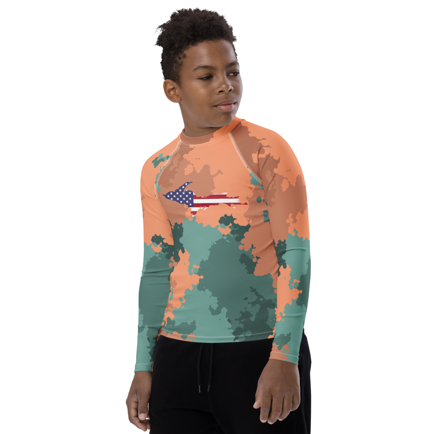 Michigan Upper Peninsula Rash Guard (w/ UP USA Flag) | Youth - Copper Country Camo