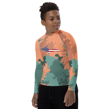 Michigan Upper Peninsula Rash Guard (w/ UP USA Flag) | Youth - Copper Country Camo