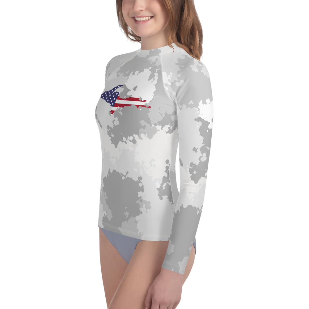 Michigan Upper Peninsula Rash Guard (w/ UP USA Flag) | Youth - Snow Camo