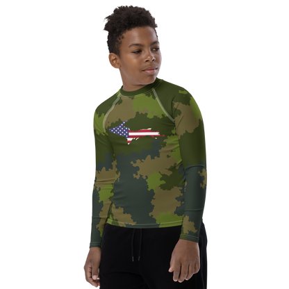 Michigan Upper Peninsula Rash Guard (w/ UP USA Flag) | Youth - Woodland Camo