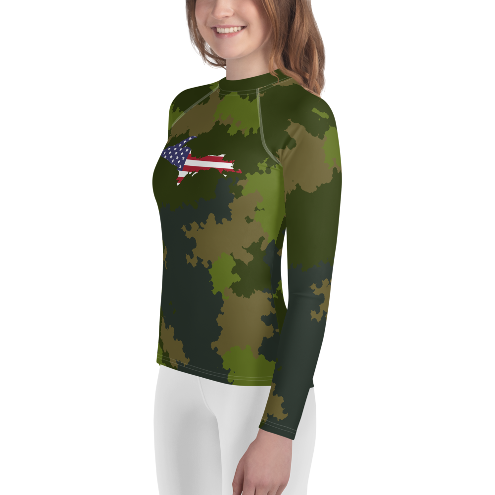 Michigan Upper Peninsula Rash Guard (w/ UP USA Flag) | Youth - Woodland Camo