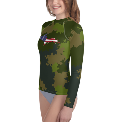 Michigan Upper Peninsula Rash Guard (w/ UP USA Flag) | Youth - Woodland Camo