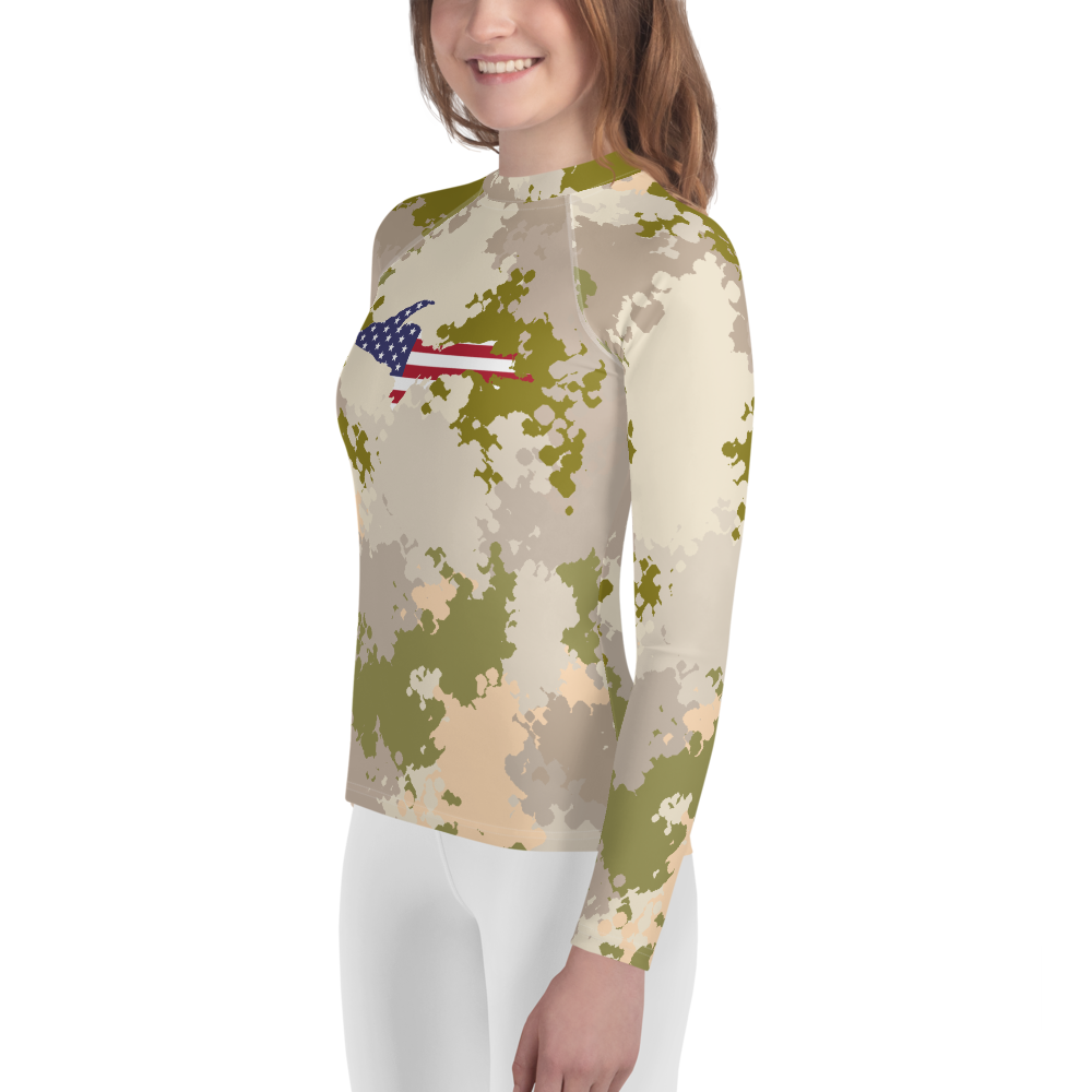 Michigan Upper Peninsula Rash Guard (w/ UP USA Flag) | Youth - Rosy Mound Camo