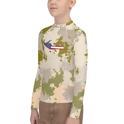 Michigan Upper Peninsula Rash Guard (w/ UP USA Flag) | Youth - Rosy Mound Camo