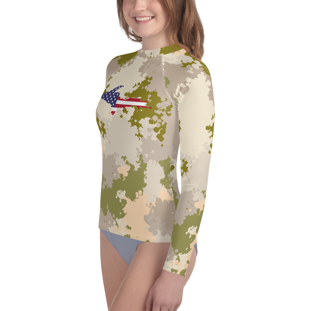 Michigan Upper Peninsula Rash Guard (w/ UP USA Flag) | Youth - Rosy Mound Camo