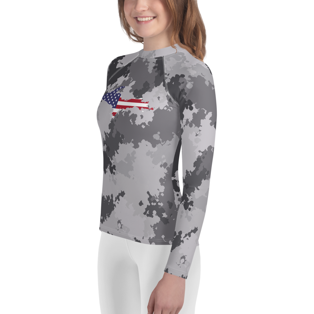 Michigan Upper Peninsula Rash Guard (w/ UP USA Flag) | Youth - Iron Ore Camo