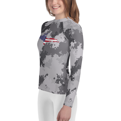 Michigan Upper Peninsula Rash Guard (w/ UP USA Flag) | Youth - Iron Ore Camo