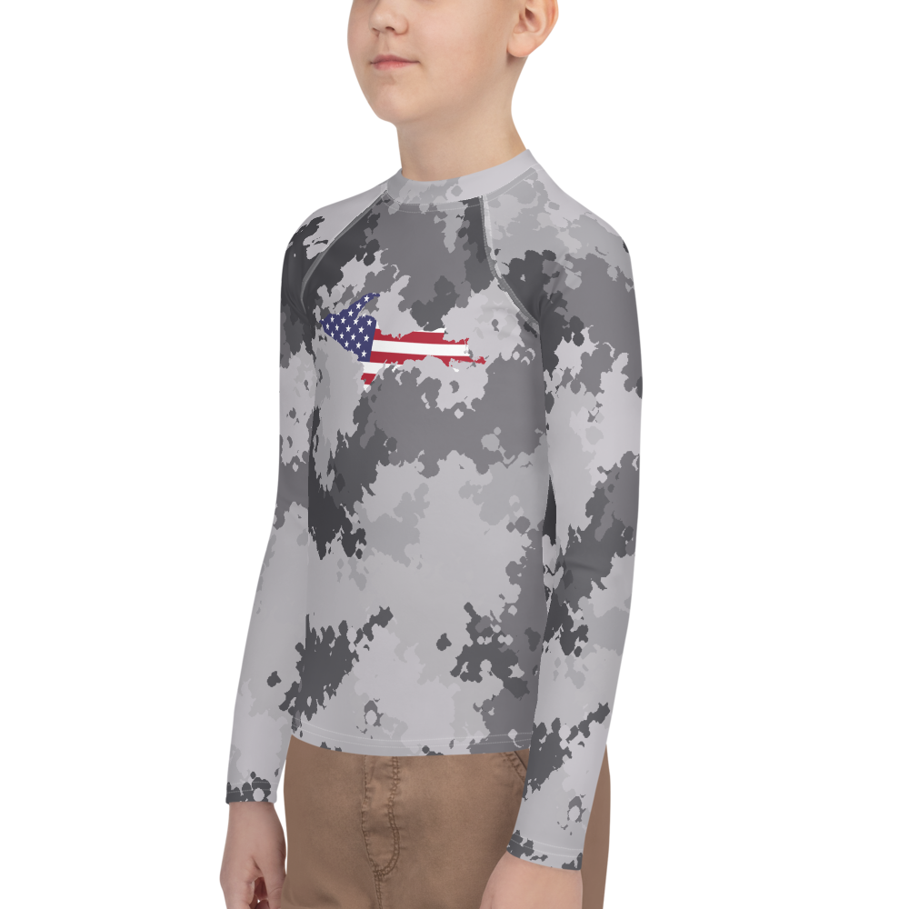 Michigan Upper Peninsula Rash Guard (w/ UP USA Flag) | Youth - Iron Ore Camo